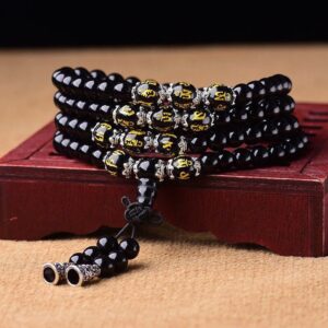 Awakening Bracelet - Obsidian Bracelet with 108 Buddhist Beads, Multi - loop Hand - string with Six - syllable Mantra